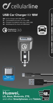 Nabíjecí set USB autonabíječky a USB-C kabelu Cellularline, Qualcomm® Quick Charge™ 3.0, 18W, černý