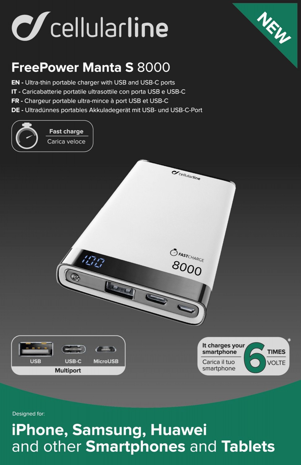 Prémiová powerbanka CellularLine FREEPOWER MANTA S, 8000mAh, USB-C + USB port, bílá