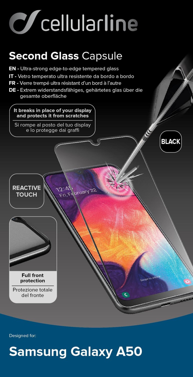 Ochranné tvrzené sklo pro Cellularline Capsule pro Samsung Galaxy A50, černé