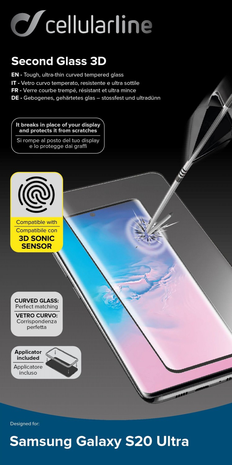 Ochranné tvrzené sklo pro Cellularline Glass pro Samsung Galaxy S20 Ultra, černá