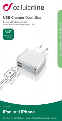 Síťová nabíječka Cellularline 2x USB konektor, 15W/3.1A, bílá