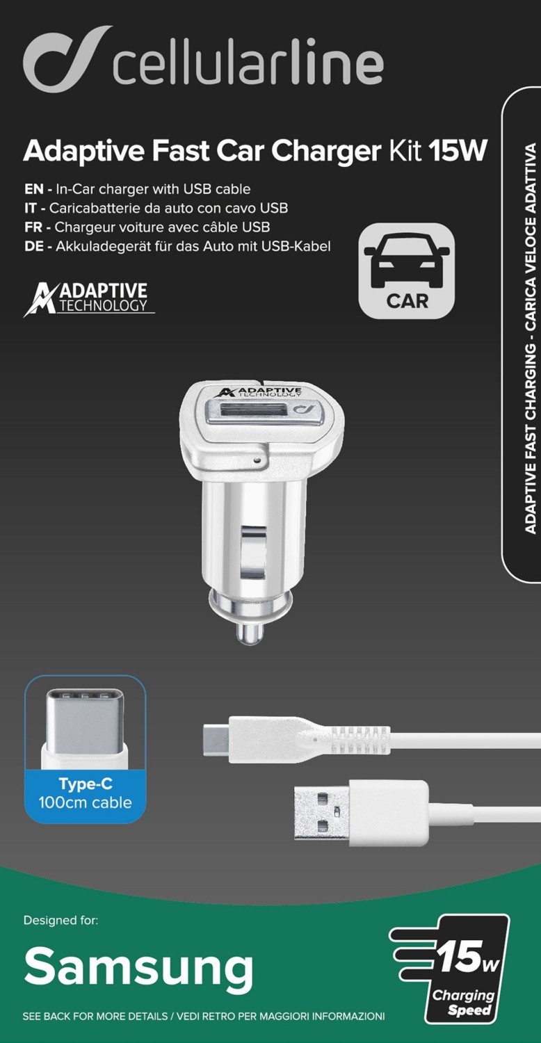 Levně Set Cellularline autonabíječky a USB-C kabelu, adaptivní nabíjení, 15W, bílá