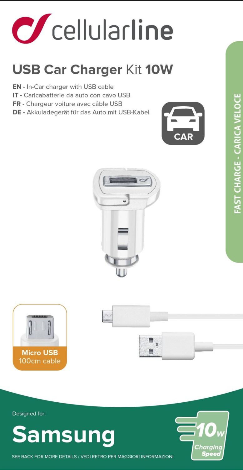 Set Cellularline autonabíječky a micro USB kabelu, 10W, bílá