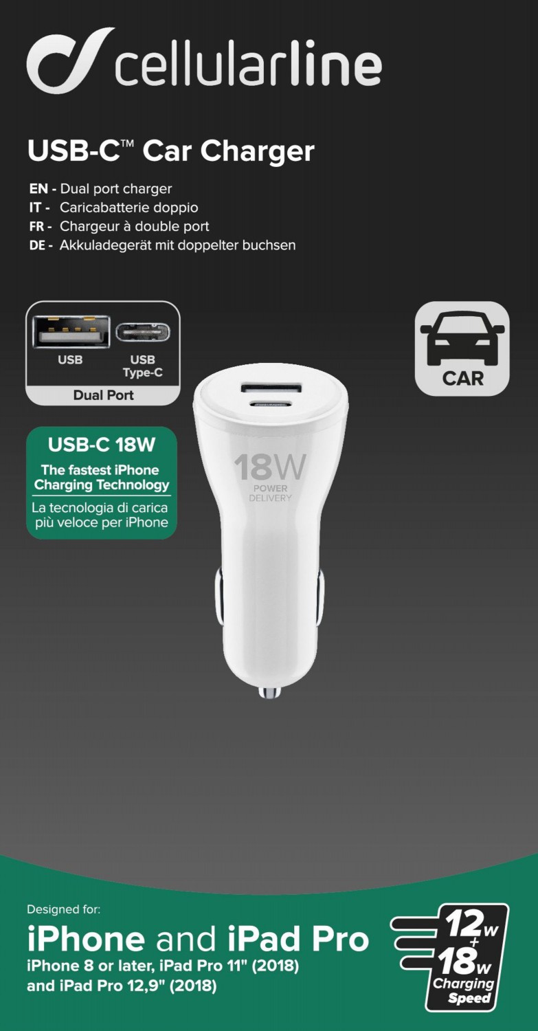Levně Autonabíječka Cellularline Dual s USB-C a USB konektorem, 30W, bílá