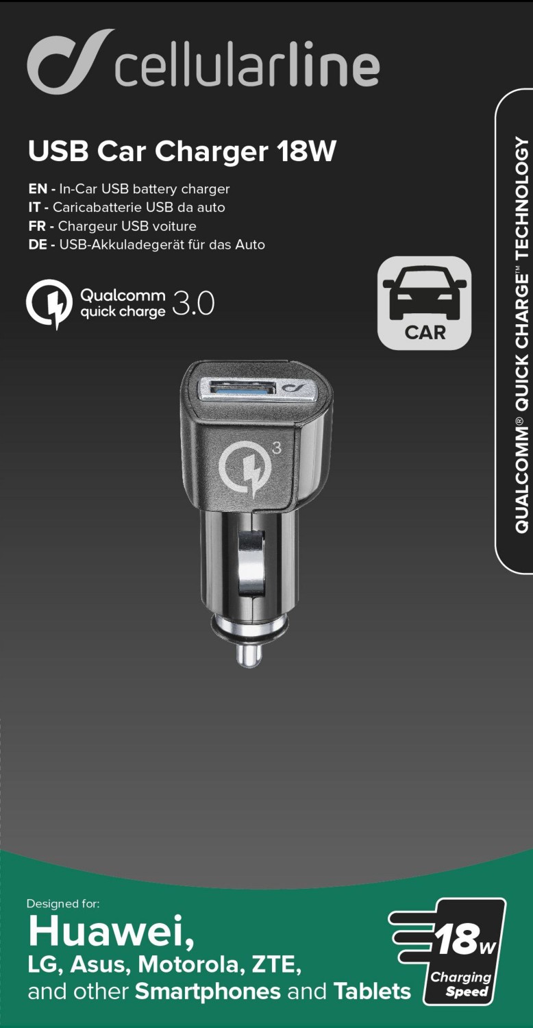 Autonabíječka CellularLine Qualcomm® Quick Charge 3.0, 18W, USB výstup, černá