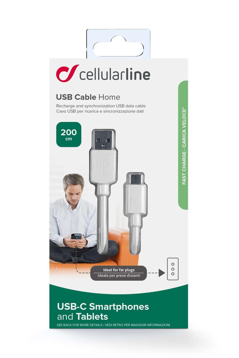 USB datový kabel Cellularline s USB-C a Power Delivery (PD), 60W max, 2m, bílý
