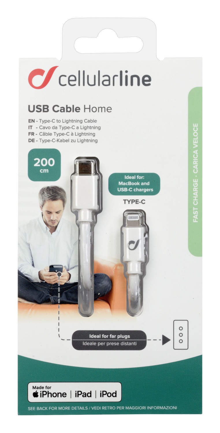 USB-C datový kabel CellularLine s konektorem Lightning, 2 m, bílý 