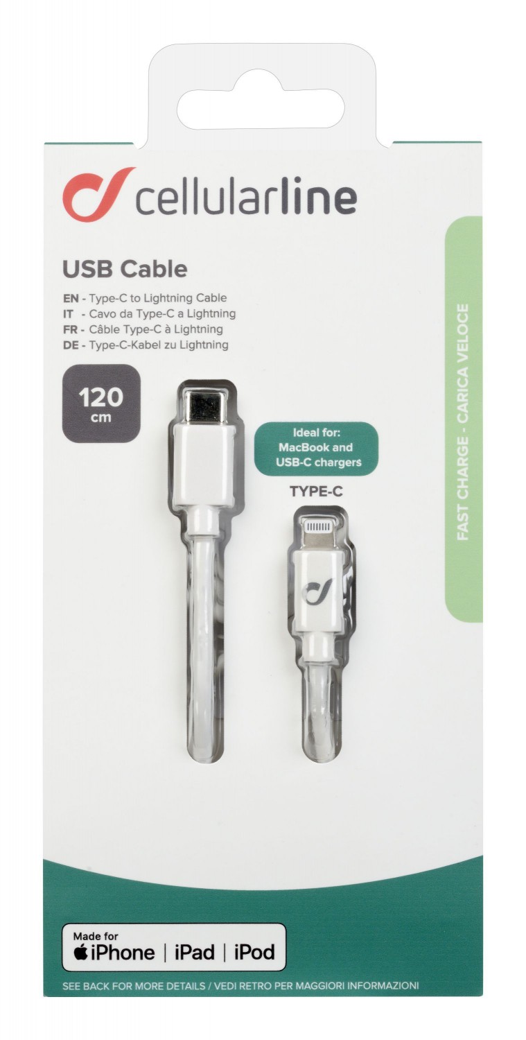 USB-C datový kabel CellularLine s konektorem Lightning, 1,2m, bílý 