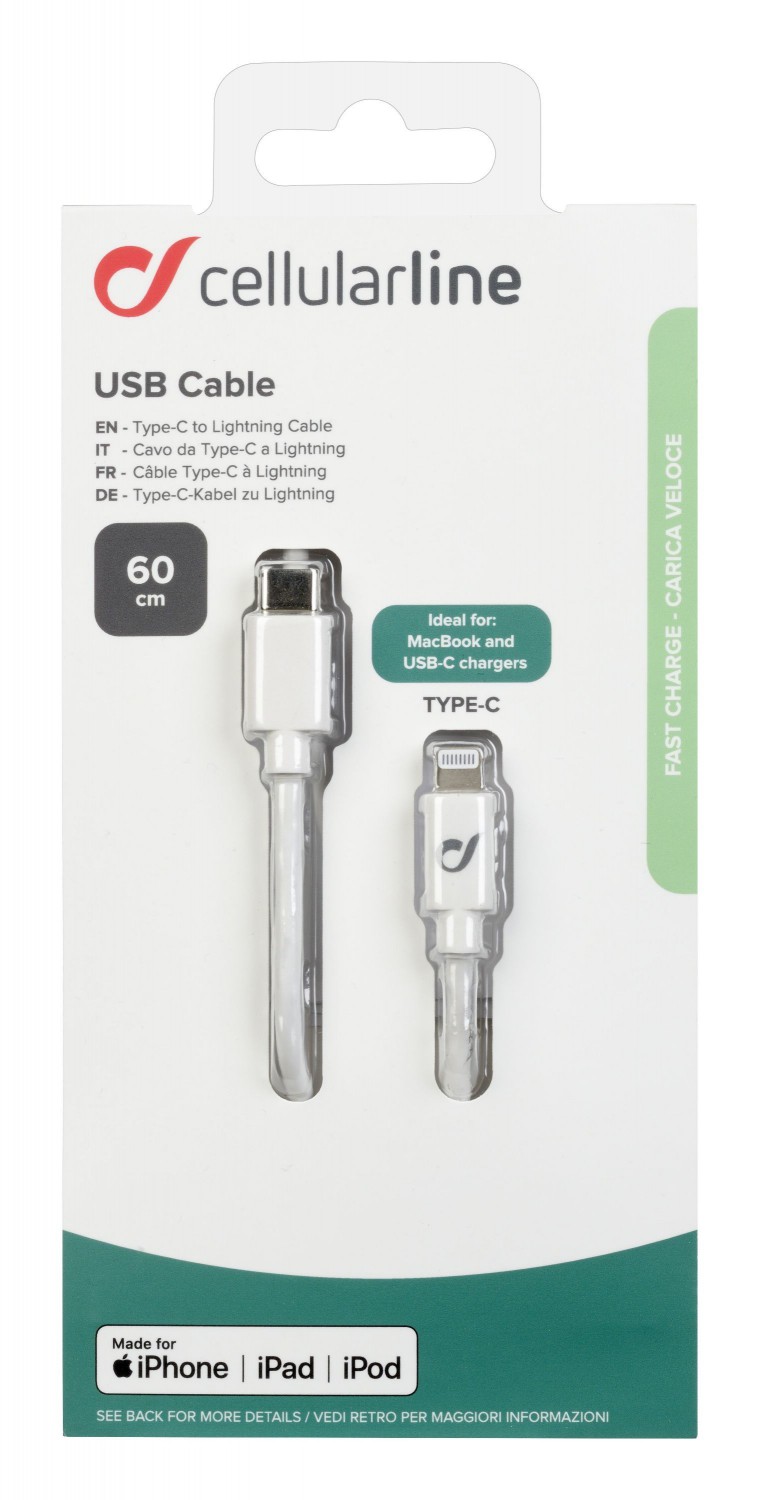 USB-C datový kabel CellularLine s konektorem Lightning, 60 cm, bílý 
