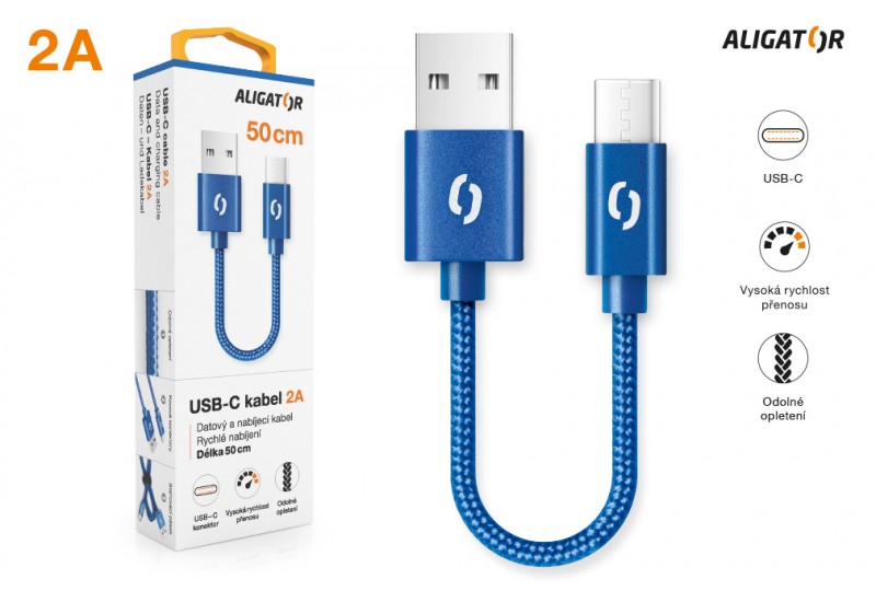Datový kabel ALIGATOR PREMIUM 2A, USB-C 50cm, modrá