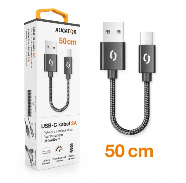 Levně Datový kabel ALIGATOR PREMIUM 2A, USB-C 50cm, černá