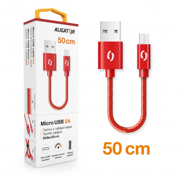 Datový kabel ALIGATOR PREMIUM 2A, MicroUSB 50cm, červená