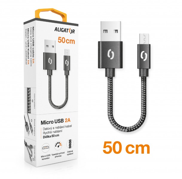 Datový kabel ALIGATOR PREMIUM 2A, Micro USB 50cm, černá