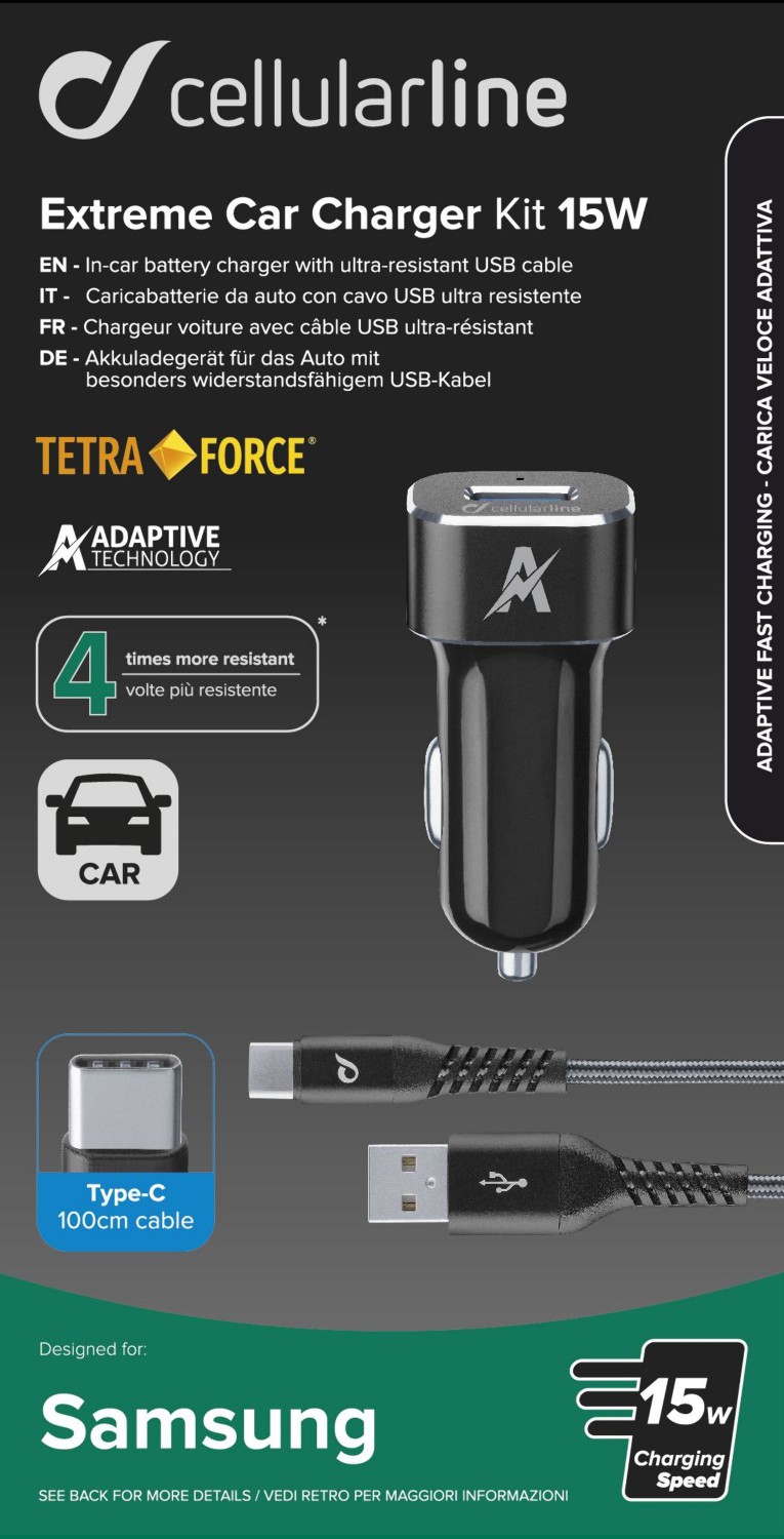 Set USB autonabíječky a USB-C kabelu Cellularline Tetra Force 15W, adaptivní nabíjení, černá