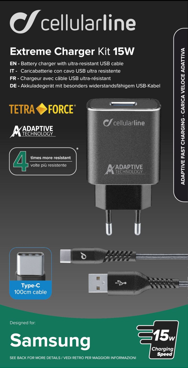 Set USB nabíječky a USB-C kabelu Cellularline Tetra Force 15W, černý