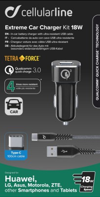 Levně Set USB autonabíječky a USB-C kabelu Cellularline Tetra Force 18W, Qualcomm® Quick Charge 3.0, černý