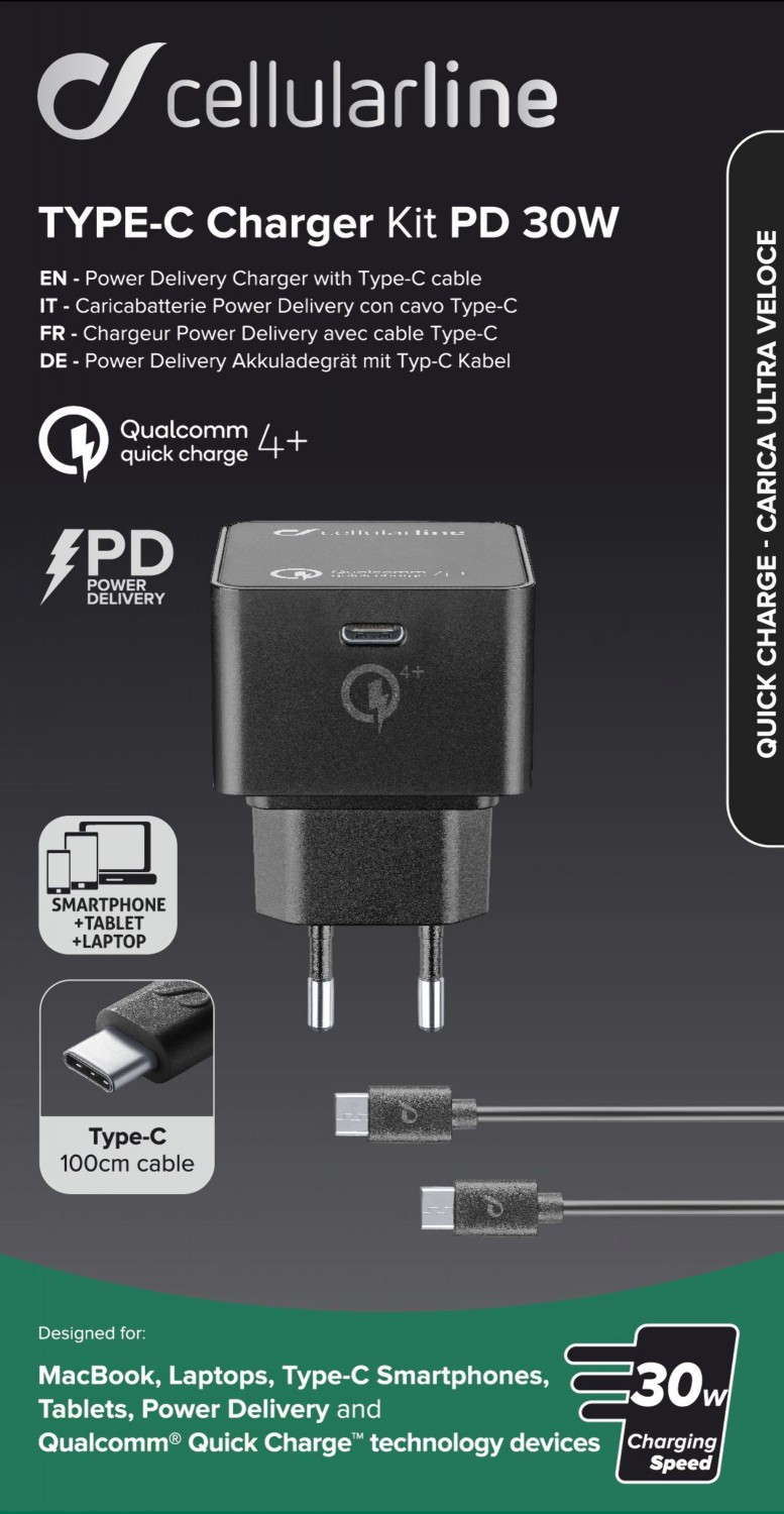 Set USB-C síťové nabíječky Cellularline (PD) a 1m kabelu s USB-C, max. 30 W, Qualcomm® Quick Charge™ 4+, černý