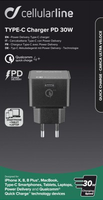 USB-C síťová nabíječka Cellularline (PD), max. 30 W, Qualcomm® Quick Charge™ 4+, černá