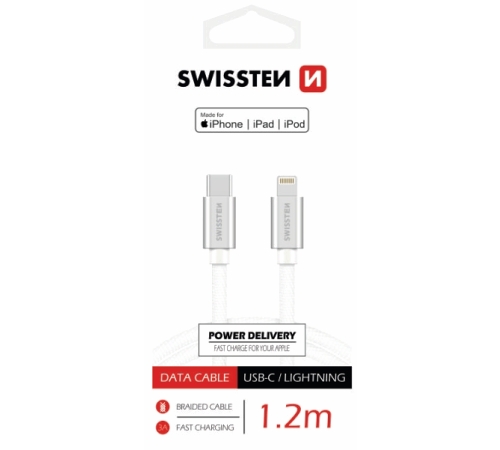 Levně Datový kabel SWISSTEN Textile USB-C/Lightning (PD) MFI 1,2 m, stříbrná
