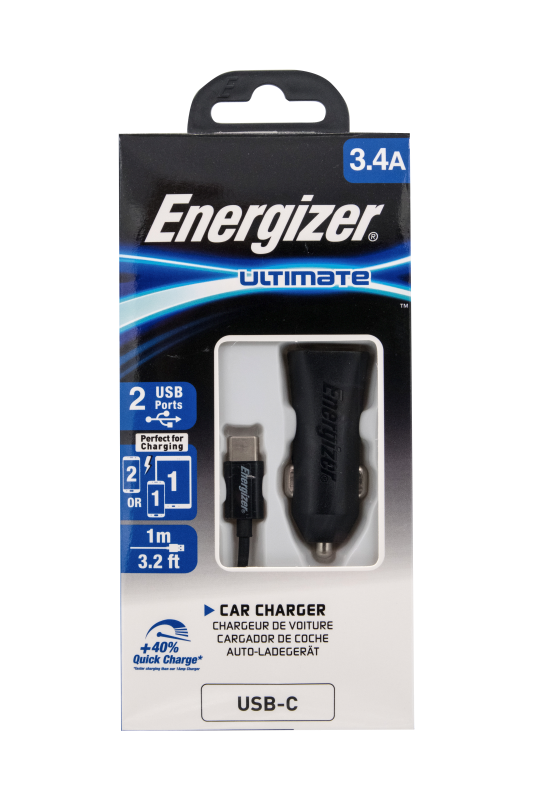 Nabíječka do auta Energizer 2x USB 3,4A s USB-C kabelem, černá