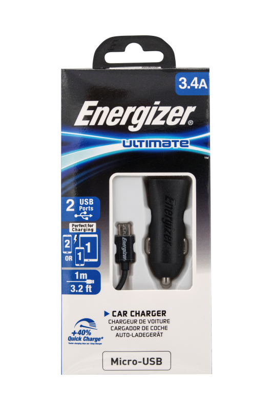 Nabíječka do auta Energizer 2x USB 3,4A s Micro-USB kabelem, černá
