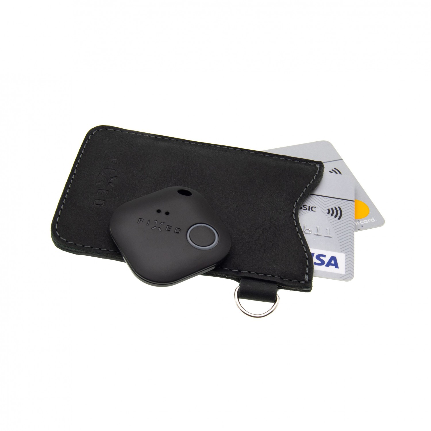 Kožené pouzdro na karty FIXED Smile Cards se smart trackerem FIXED Smile Motion, černé
