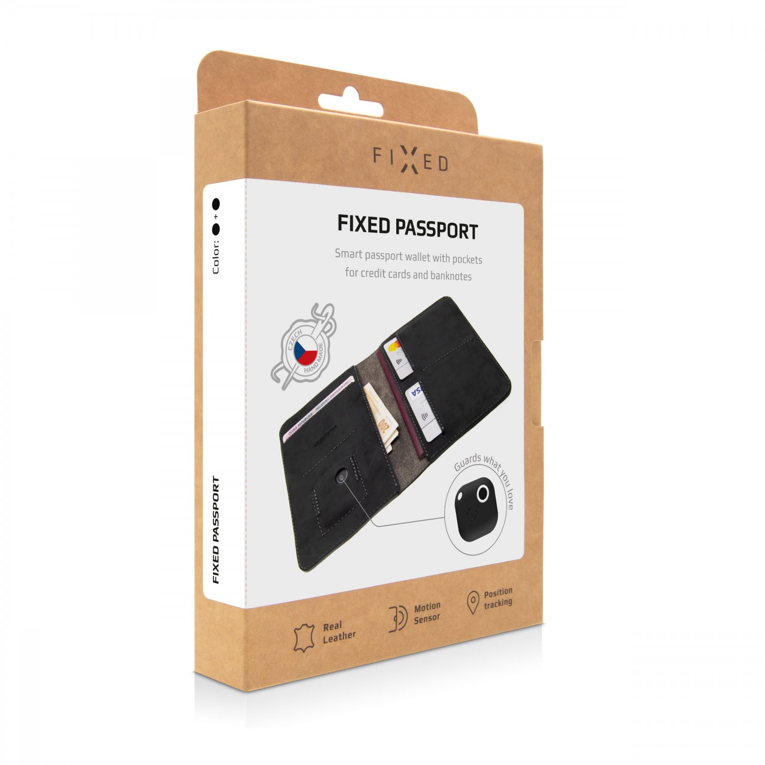 Kožená peněženka FIXED Smile Passport se smart trackerem, černá