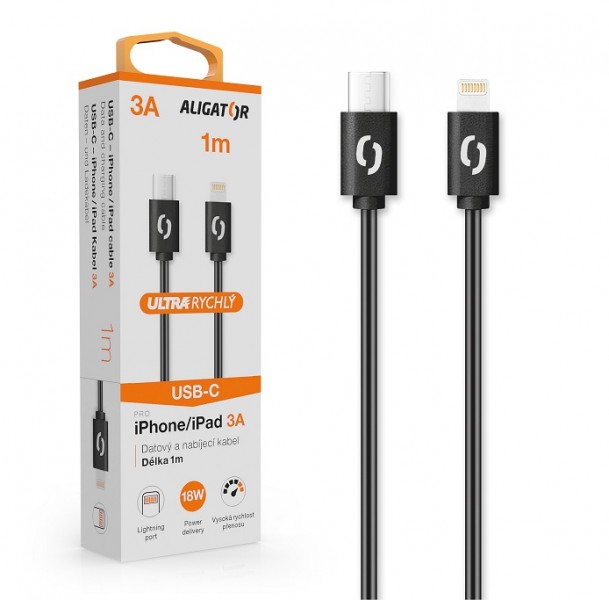 Datový kabel ALIGATOR POWER 3A, USB-C/Lightning, 1m, černá