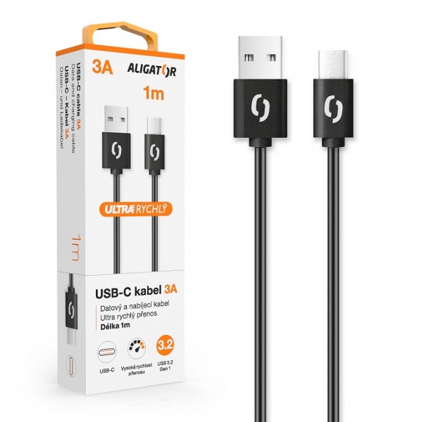 Datový kabel ALIGATOR POWER 3A, USB-C , 1m, černá