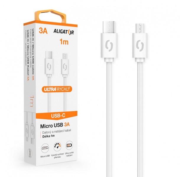 Datový kabel ALIGATOR POWER 3A, USB-C/micro USB, 1m, bílá