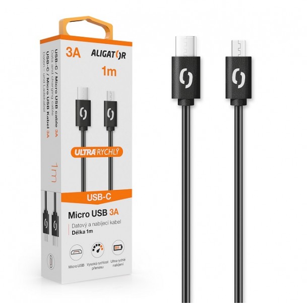 Datový kabel ALIGATOR POWER 3A, USB-C/micro USB, 1m, černá