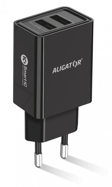 Chytrá síťová nabíječka ALIGATOR 2.4A, 2xUSB, smart IC, černá