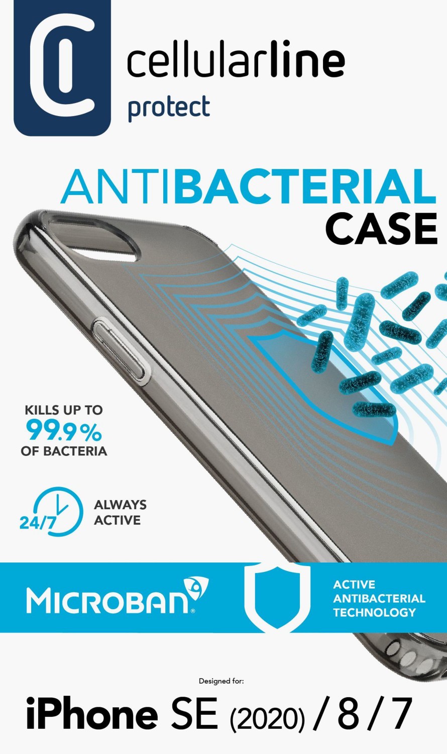 Antimikrobiální kryt Cellularline Antimicrob Apple iPhone 7/8/SE2020/SE2022, černá