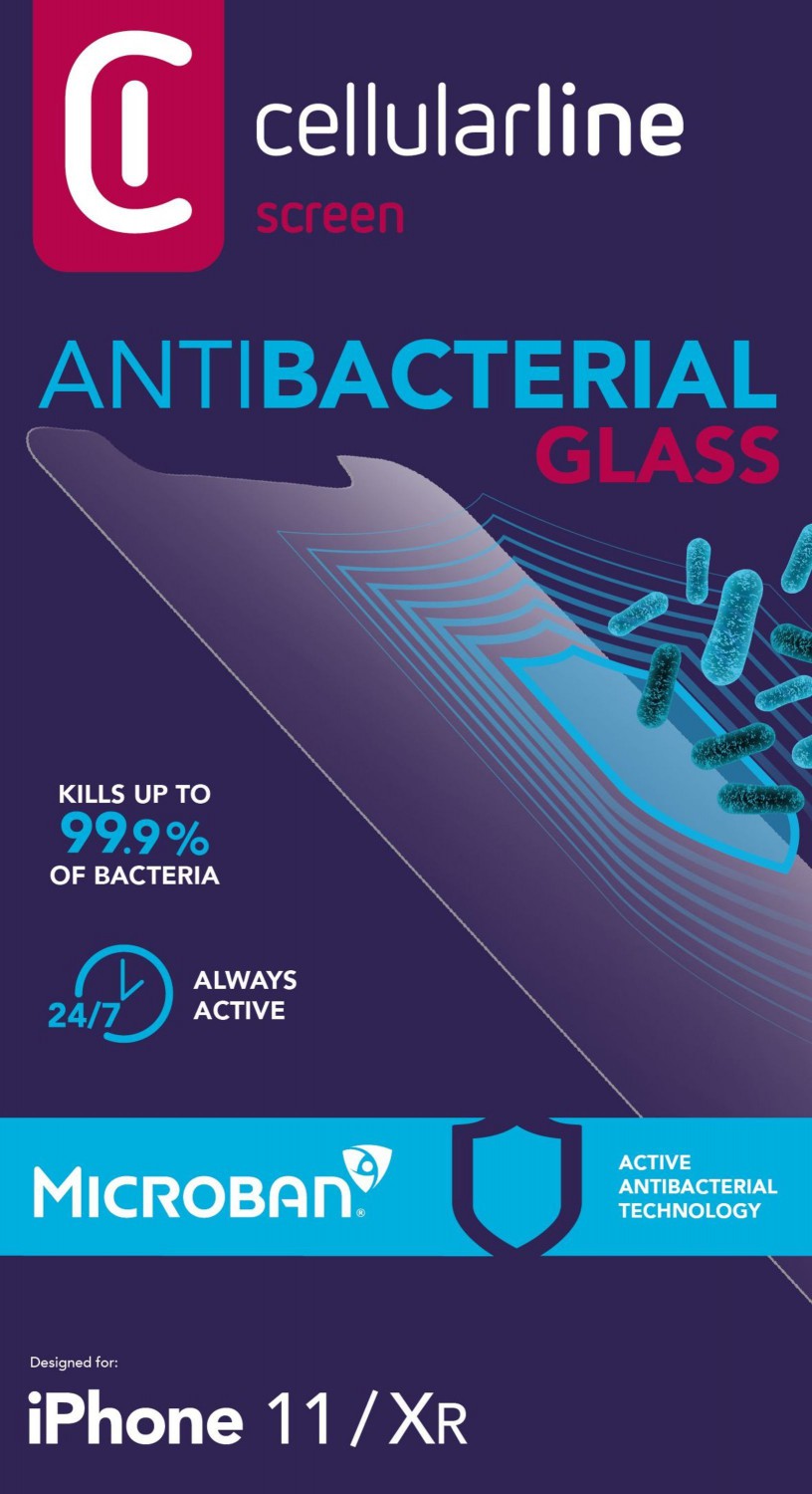 Antimikrobiální ochranné tvrzené sklo Cellularline Antibiom pro Apple iPhone 11/XR, černá