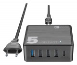 Síťová nabíječka Cellularline Multipower 5 Fast+ pro notebooky i smartphony, 4xUSB + USB-C port, 60W, černá 