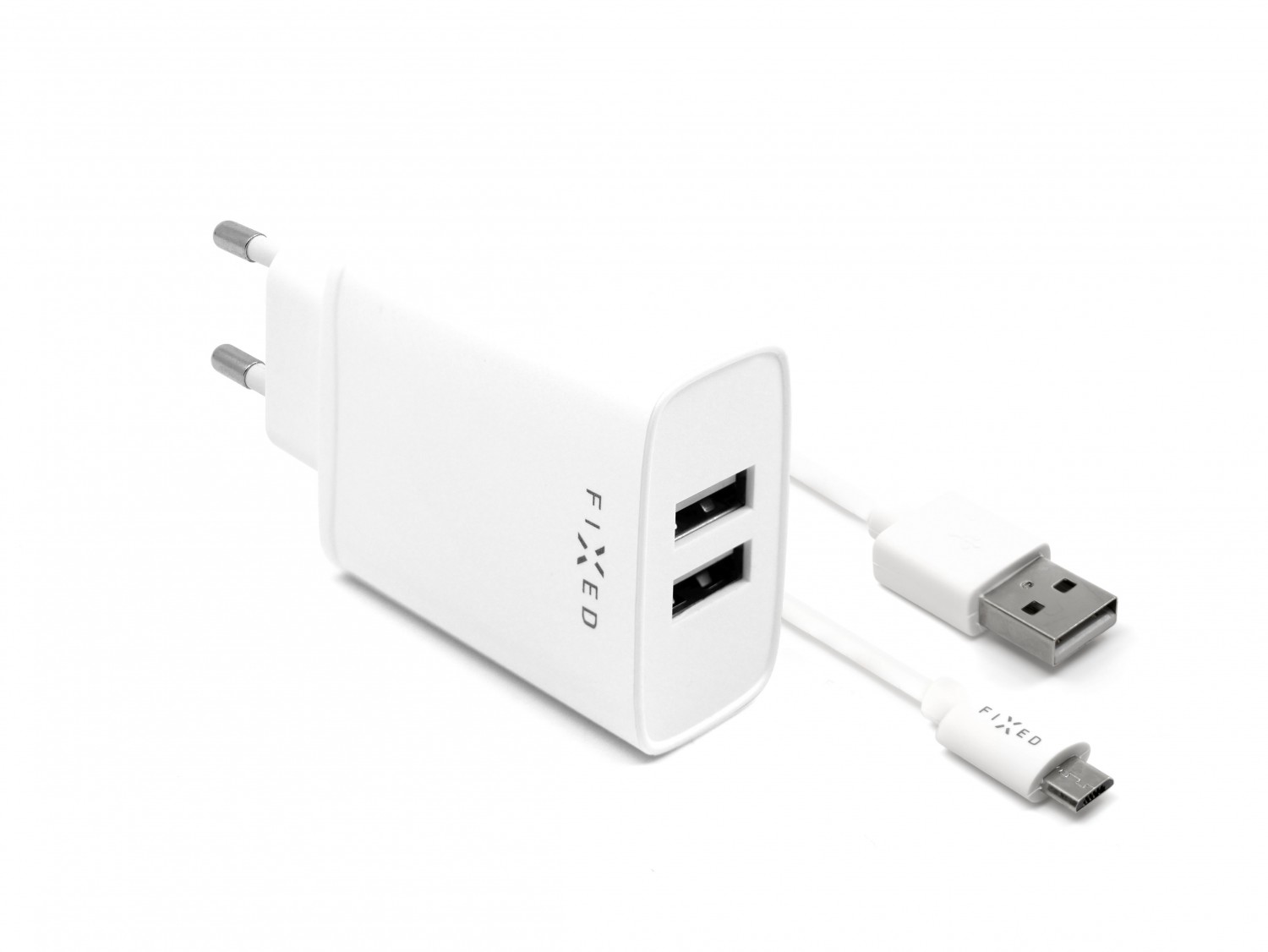 Síťová nabíječka FIXED, 2xUSB a kabel USB/micro USB, 1m, 15W white