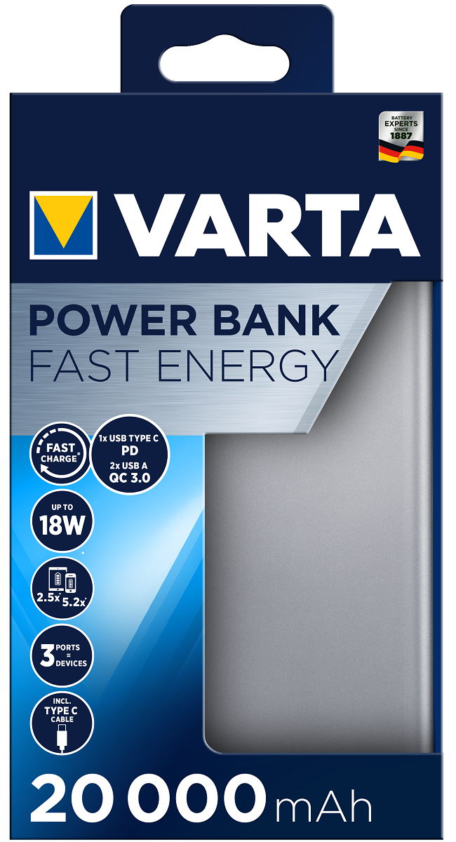 Power Bank VARTA Fast Energy 20000mAh, stříbrná