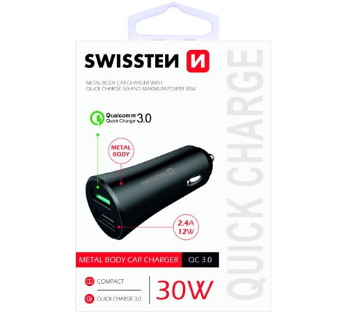 Autonabíječka Swissten CL Quick Charge 3.0 + USB 2,4V, 30W, metal černá