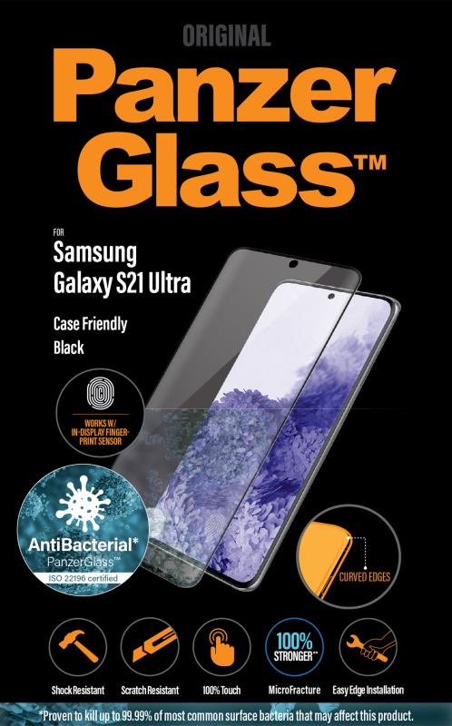 Antibakteriální ochranné sklo displeje PanzerGlass Case Friendly pro Samsung Galaxy S21 Ultra, černá