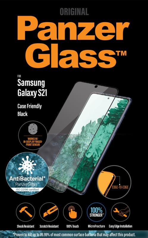 Antibakteriální ochranné sklo displeje PanzerGlass Case Friendly pro Samsung Galaxy S21, černá